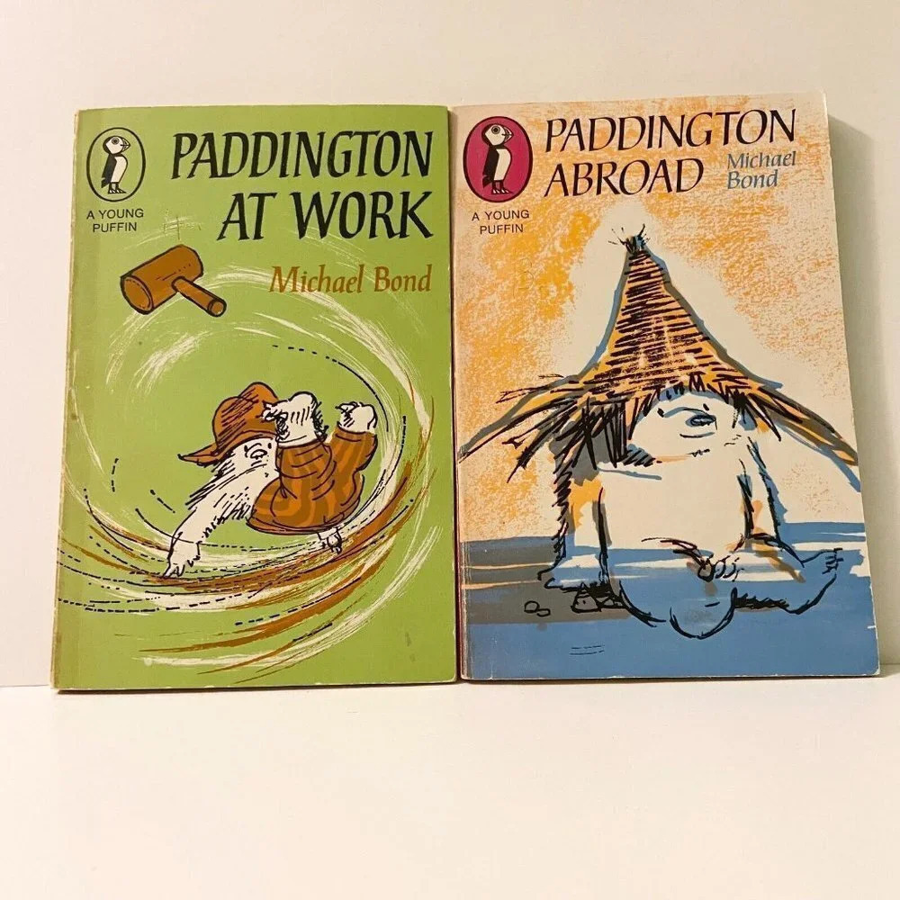 Vintage 1968 Paddington Abroad and 1969 Paddington at Work Young Puffin Books